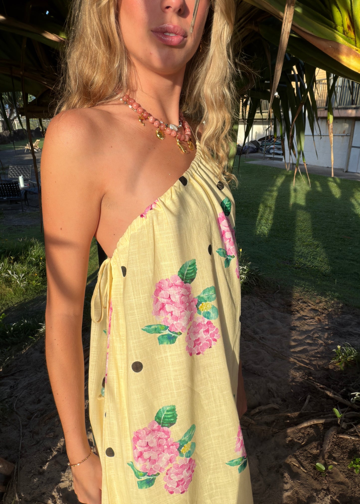 Hydrangea One Shoulder Maxi | Yellow Polka