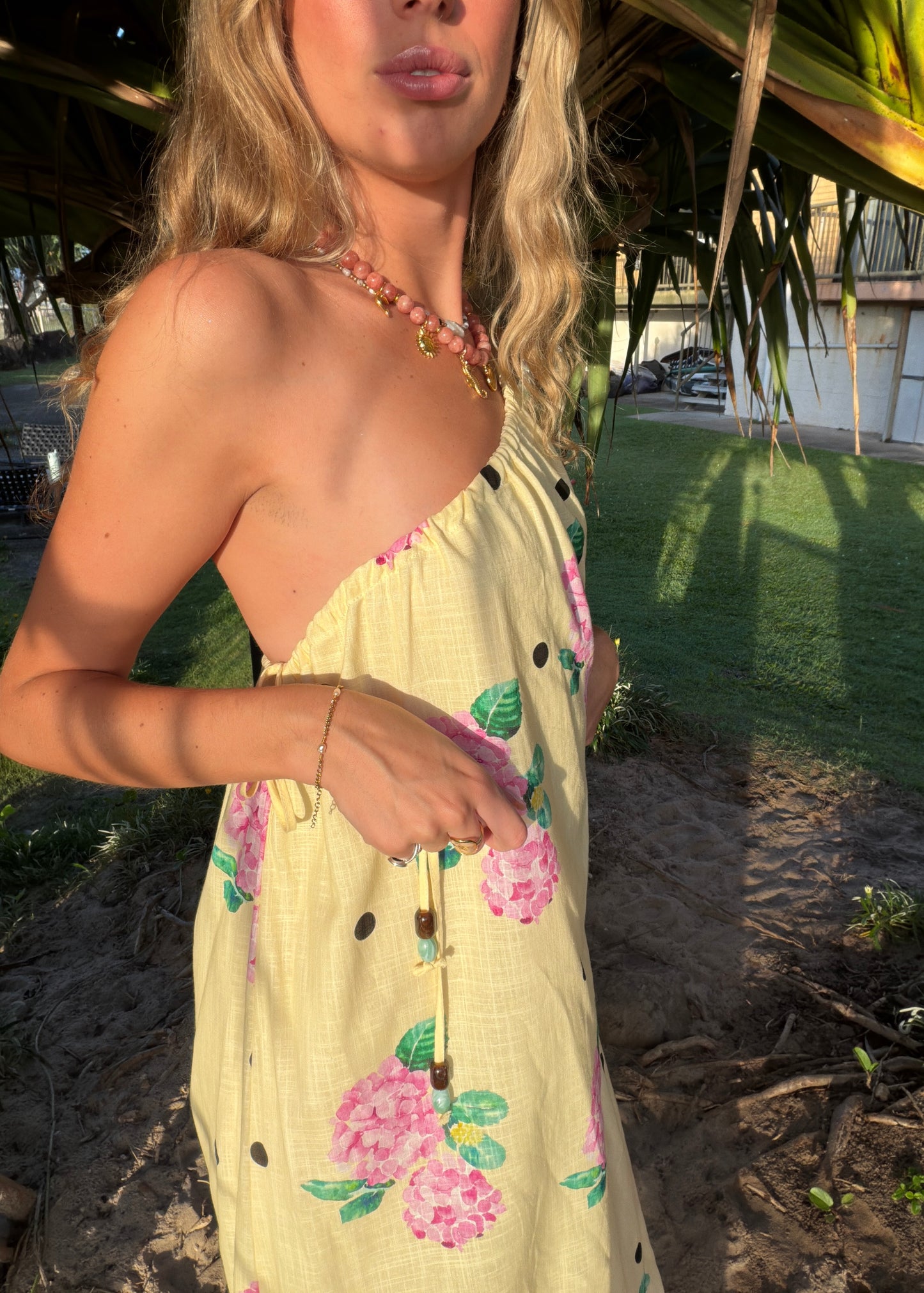 Hydrangea One Shoulder Maxi | Yellow Polka