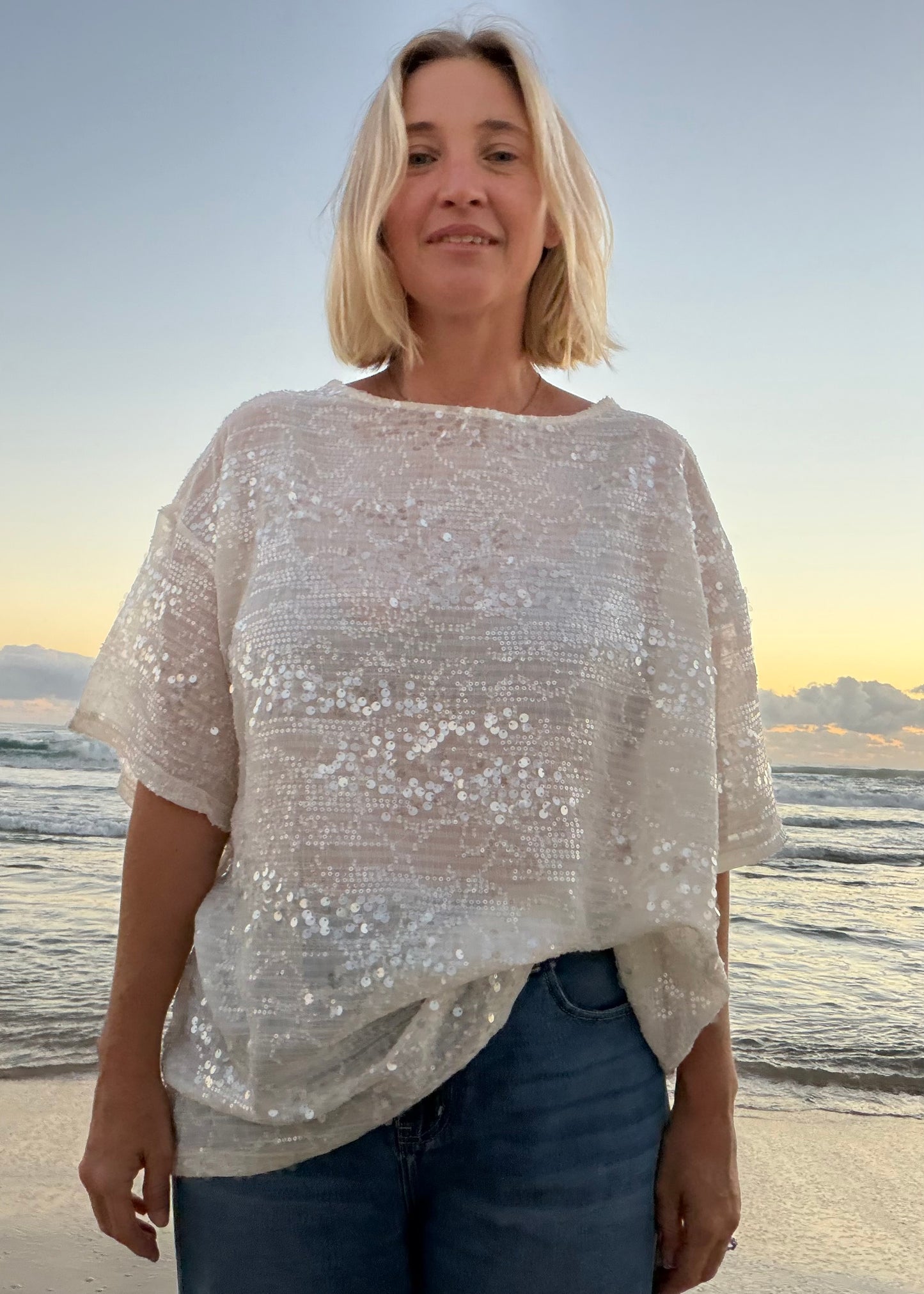 Oversized Sequin Top| White