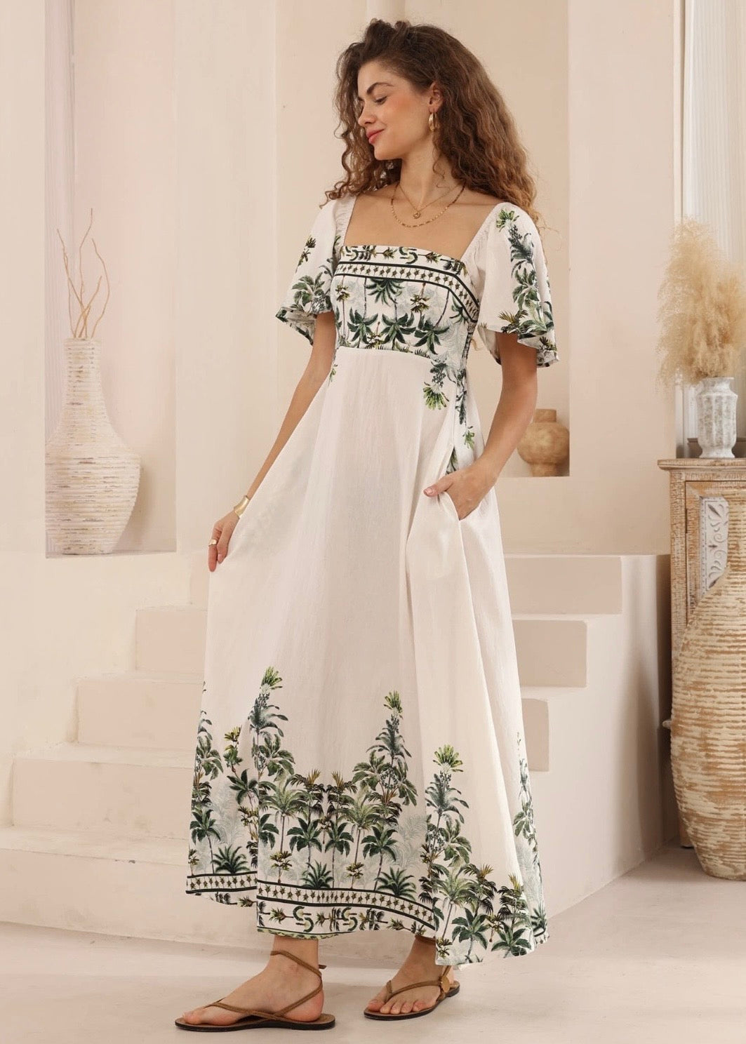 Palm Tree Maxi Dress | White