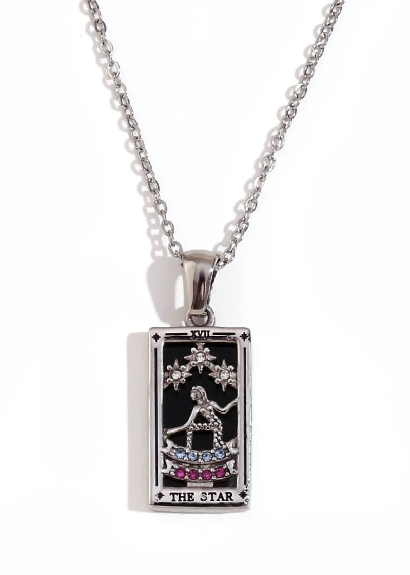 Rhodium Plated Tarot Card Necklace - The Star