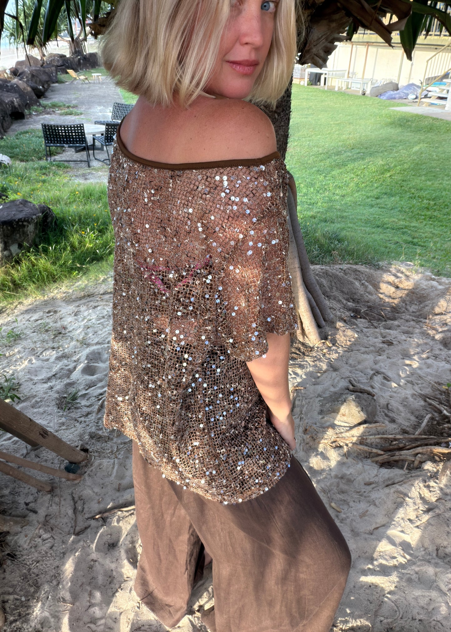 Off Shoulder Tassle Sequin Tee | Mocha