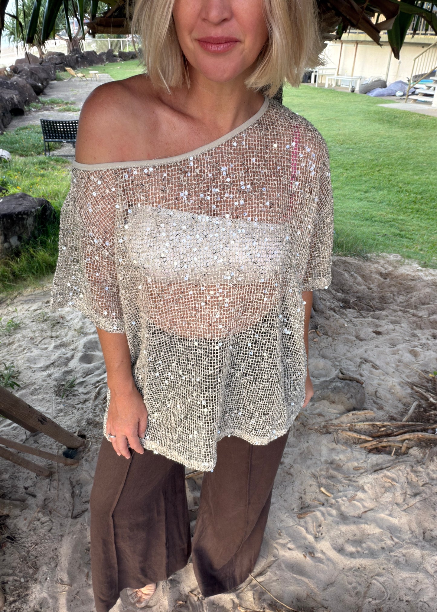 Off Shoulder Tassle Sequin Tee | Beige