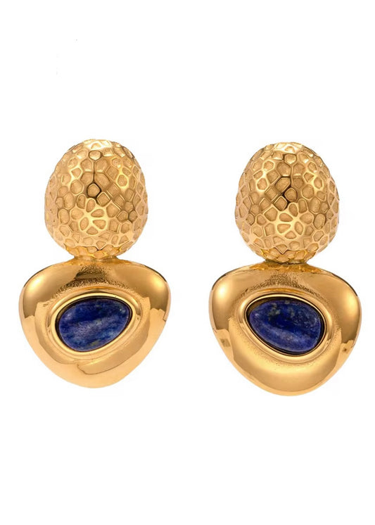 Hammered Gold and Lapis Stone Earring