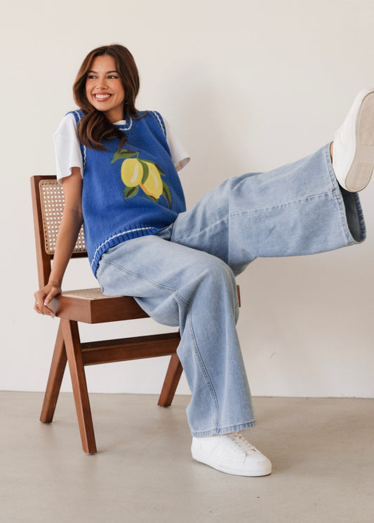 Lemons Embroidered Top | Blue