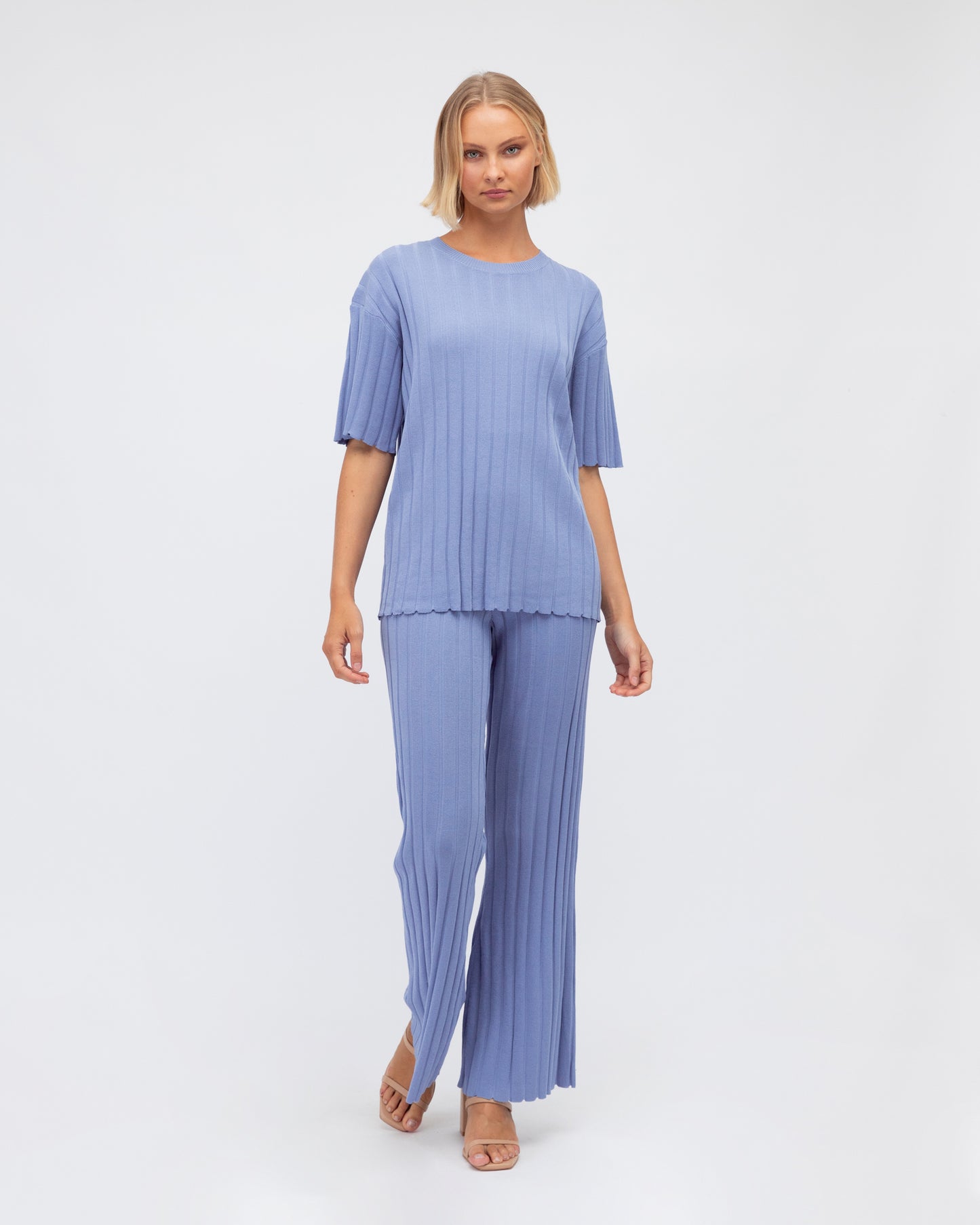 Powder Blue Wide Rib Knit Set Top