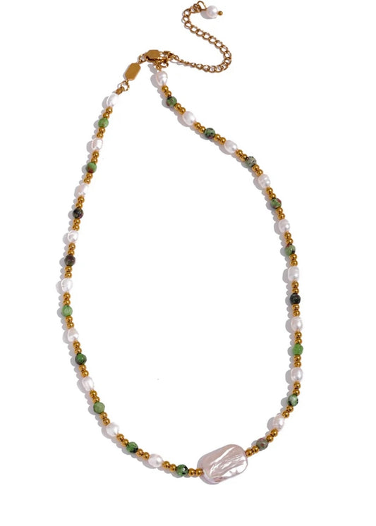 Euro Summer - Feature Pearl and Green Stone Necklace