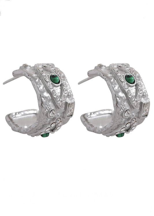 Green Eye Silver Huggie Earring