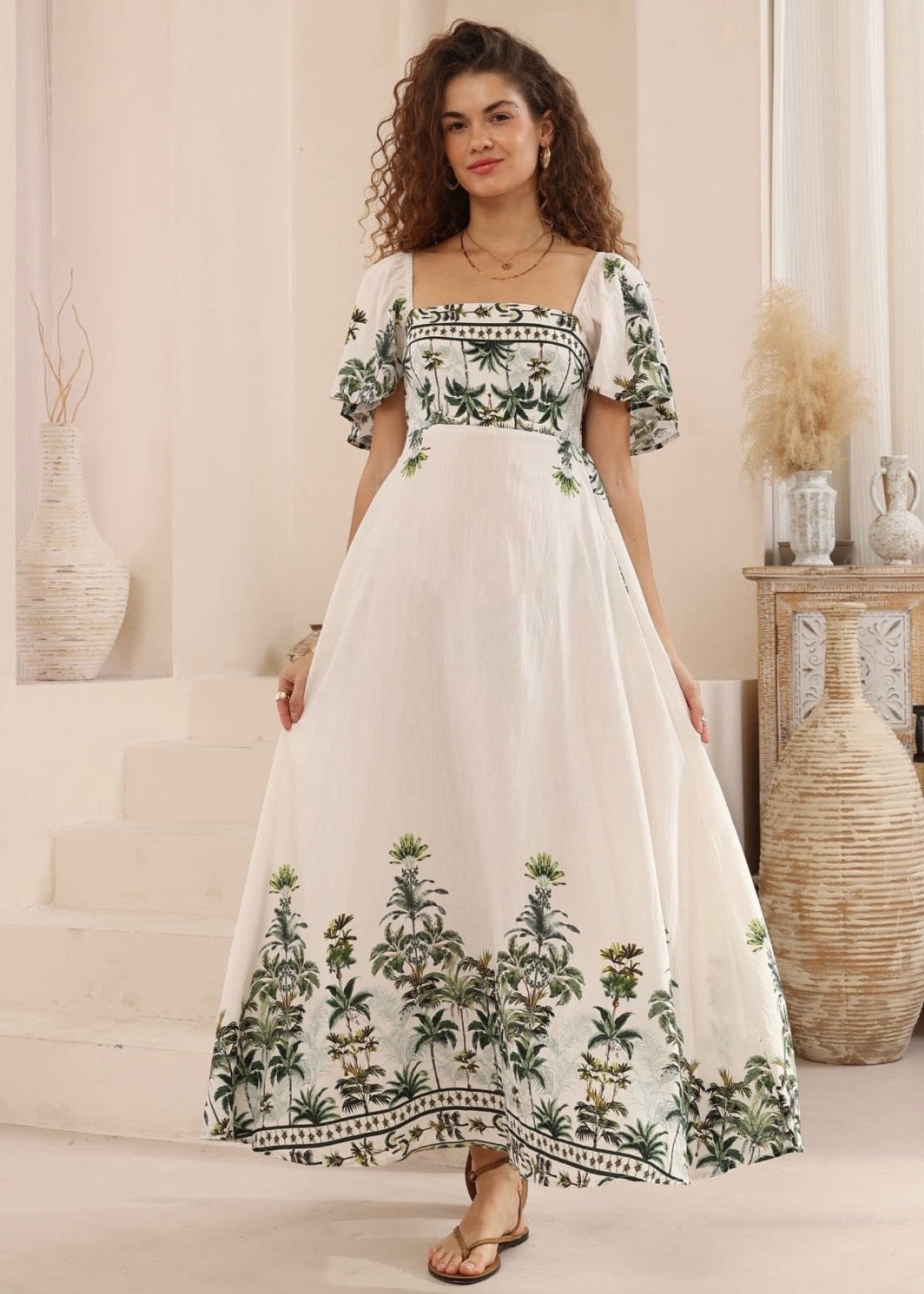 Palm Tree Maxi Dress | White