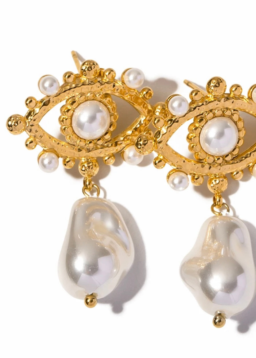 Evil Eye Pearl Drop Earring 18k Gold plated