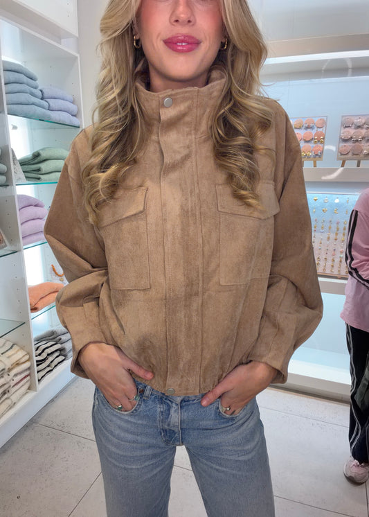 Funnel Neck Faux Suede Jacket| Beige