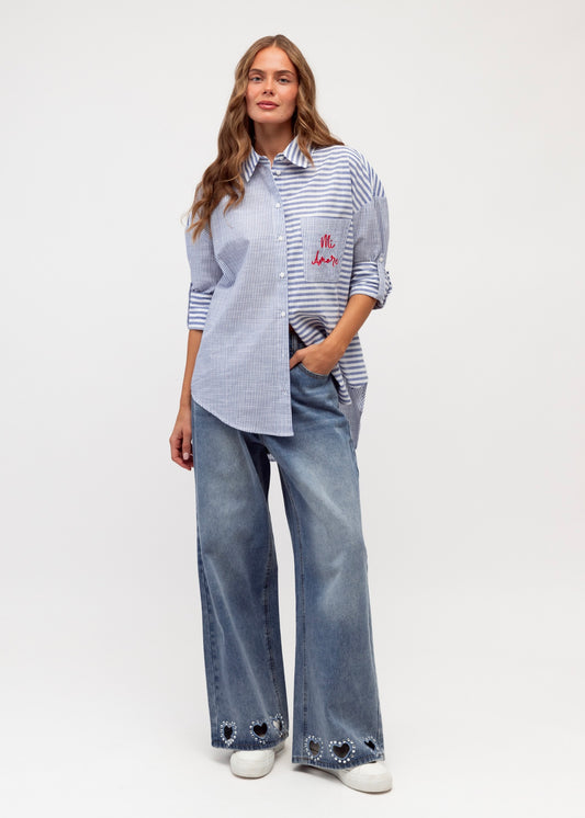 Mi Amore Embroidered Shirt | Blue Stripe