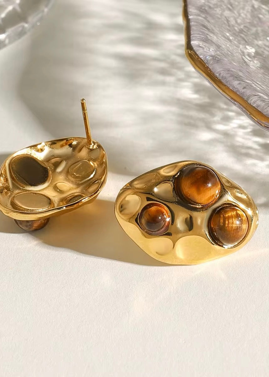 Hammered Gold and Tiger Eye Earring