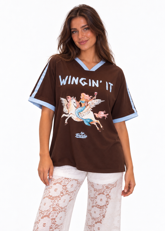 Wingin' It Contrast-Trim V-Neck Tee | Chocolate/Blue