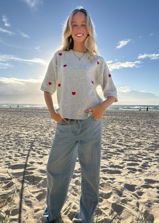 Embroidered Knit Tee | Grey