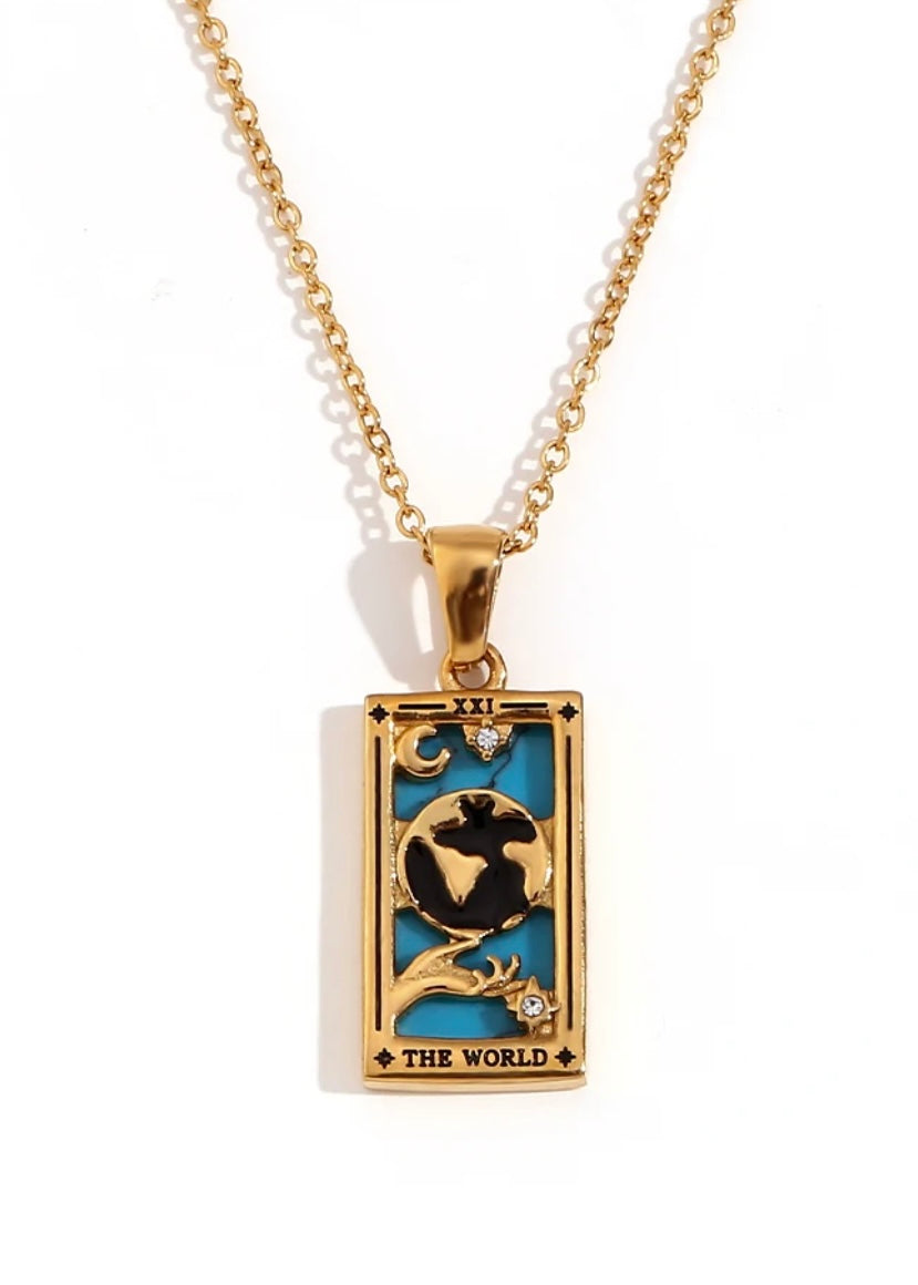 18k Gold Plated Tarot Card Necklace - The World