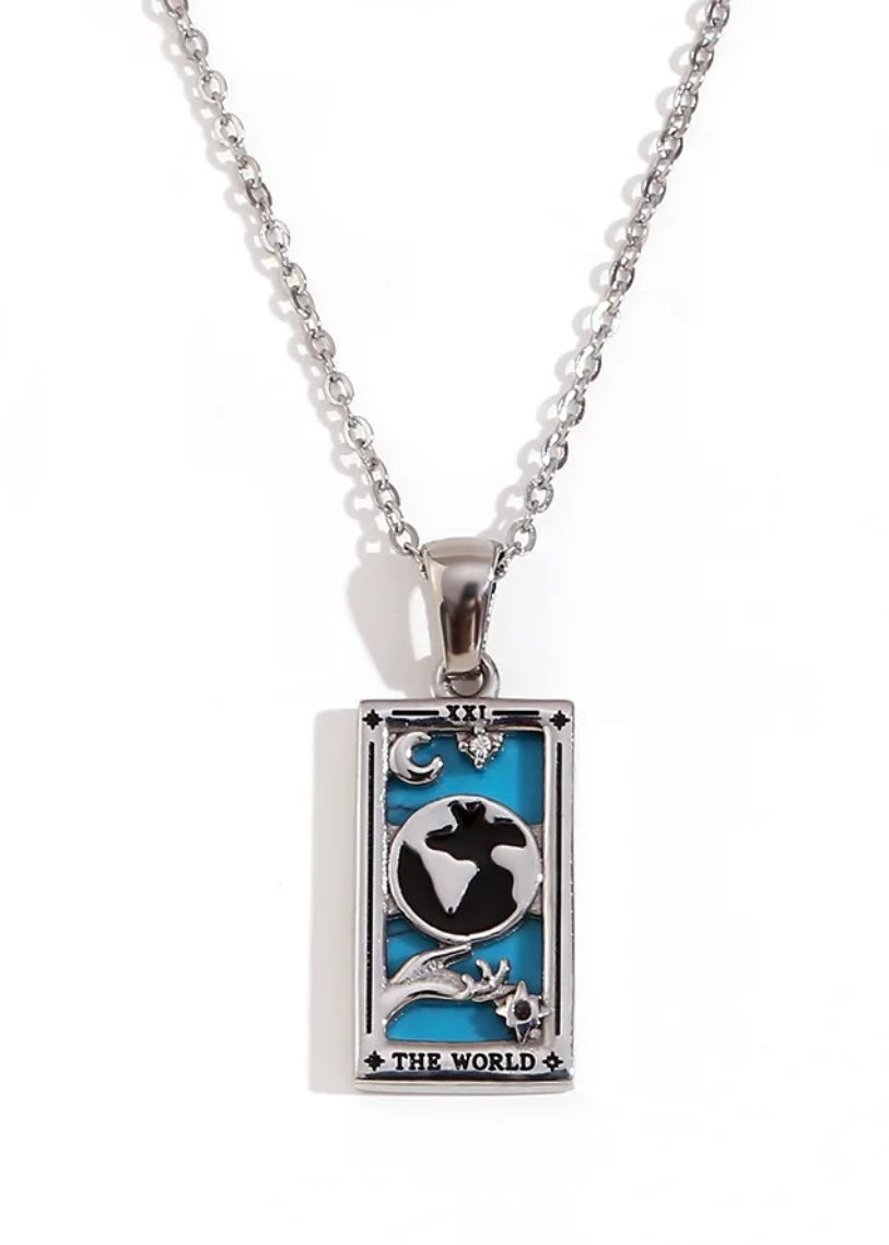 Rhodium Plated Tarot Card Necklace - The World