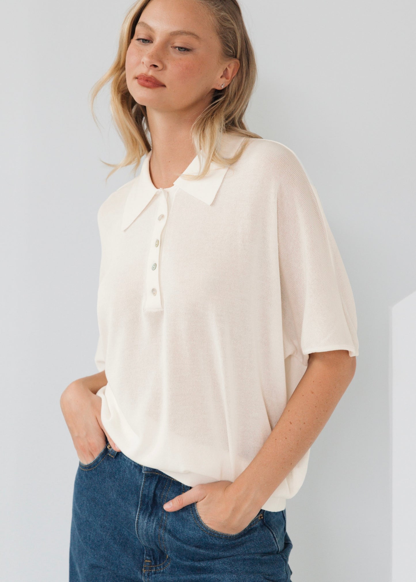 Oversized Sheer Knit Polo Top | Cream