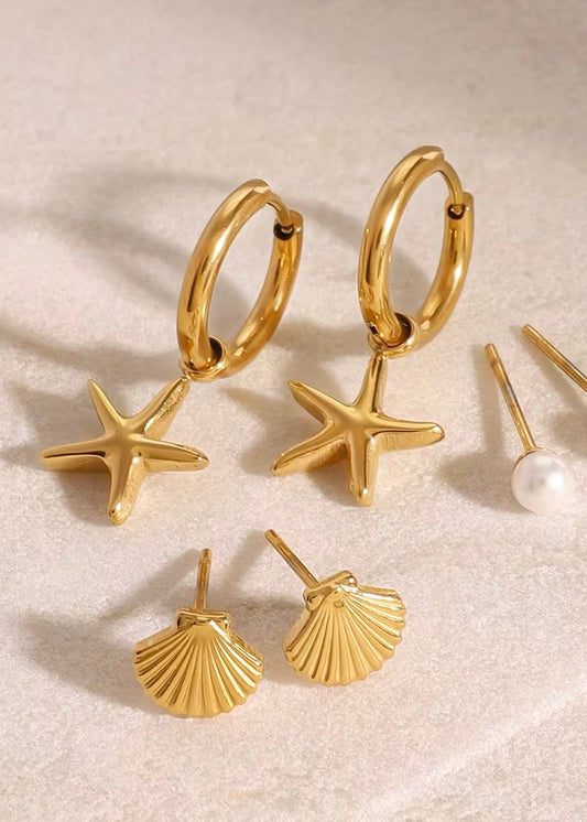 Starfish Shell Gold Hoop Earring Set