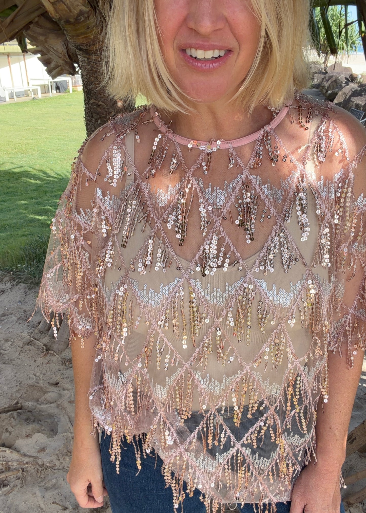 Oversized Tassle Sequin Tee| Pink