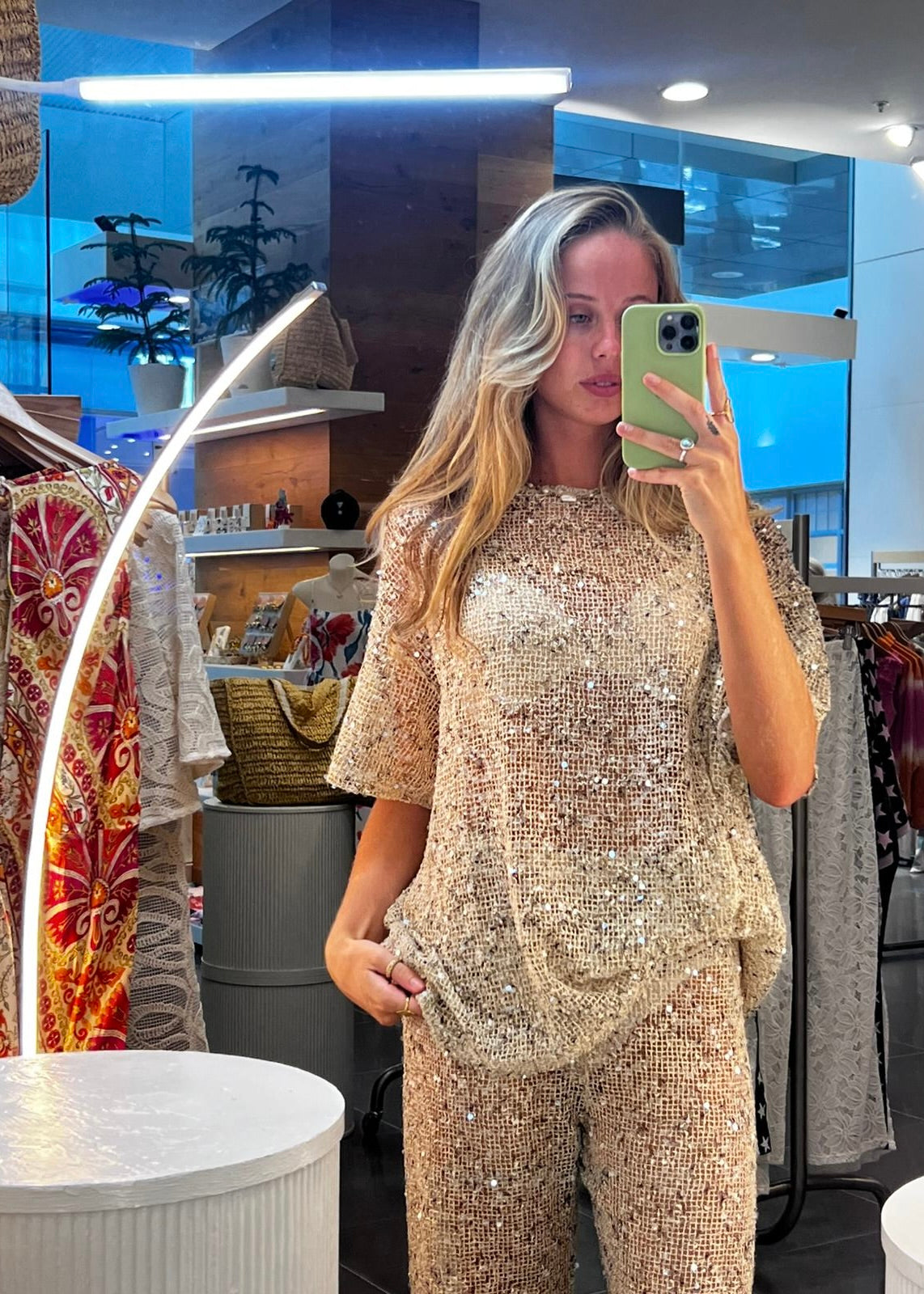 Oversized Sequin Knit Tee | Beige