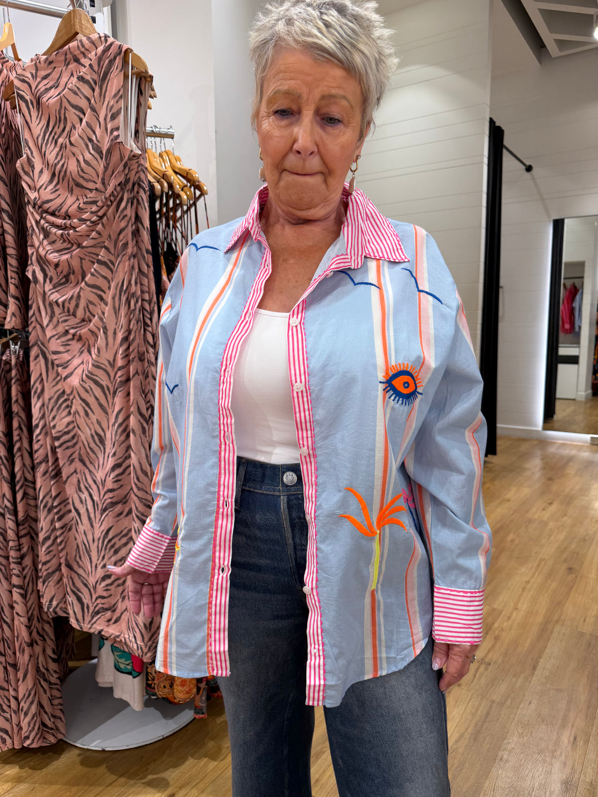 Rainbow Oasis Embroidered Shirt | Blue Green