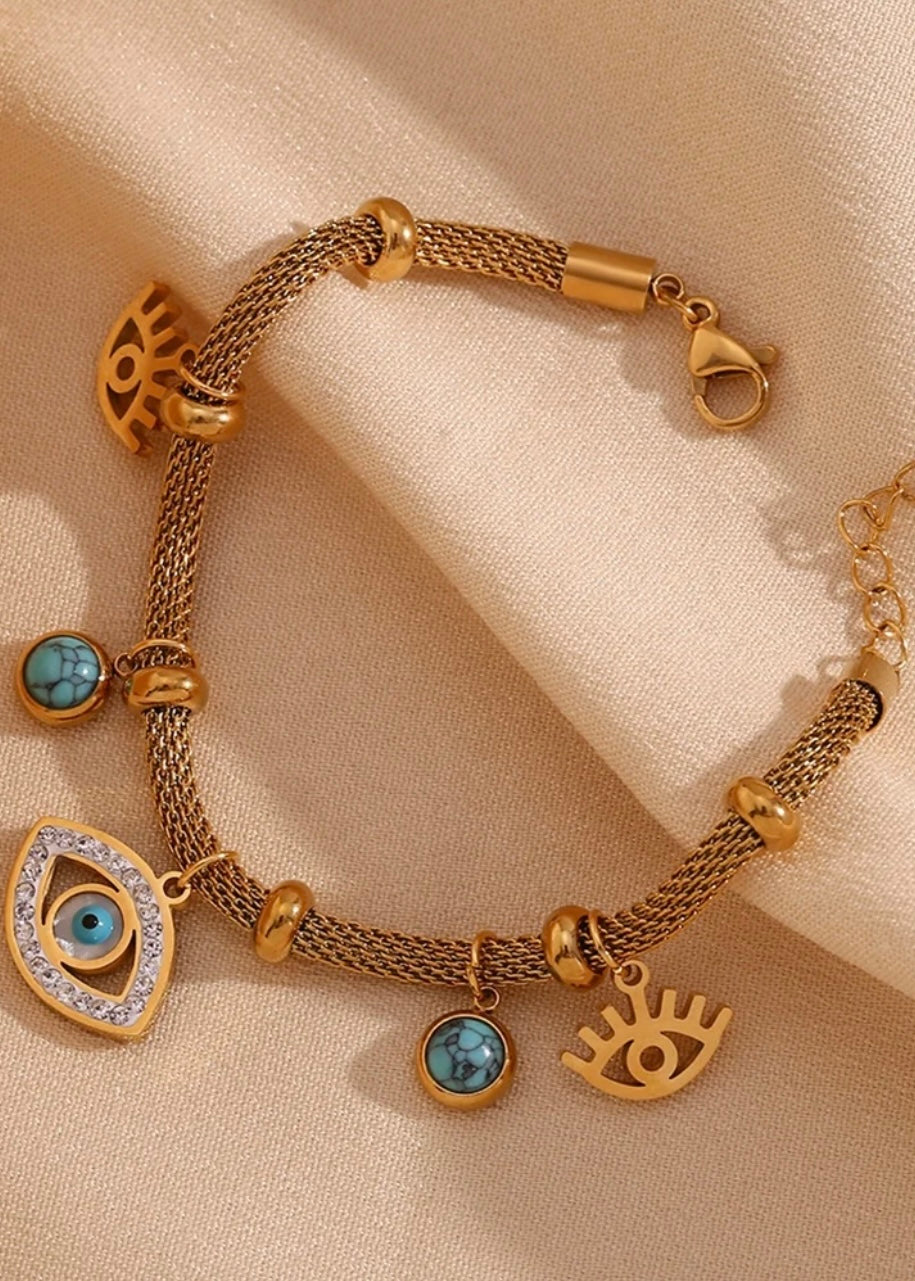 18k Gold Plated Evil Eye and Turquoise Charm Bracelet