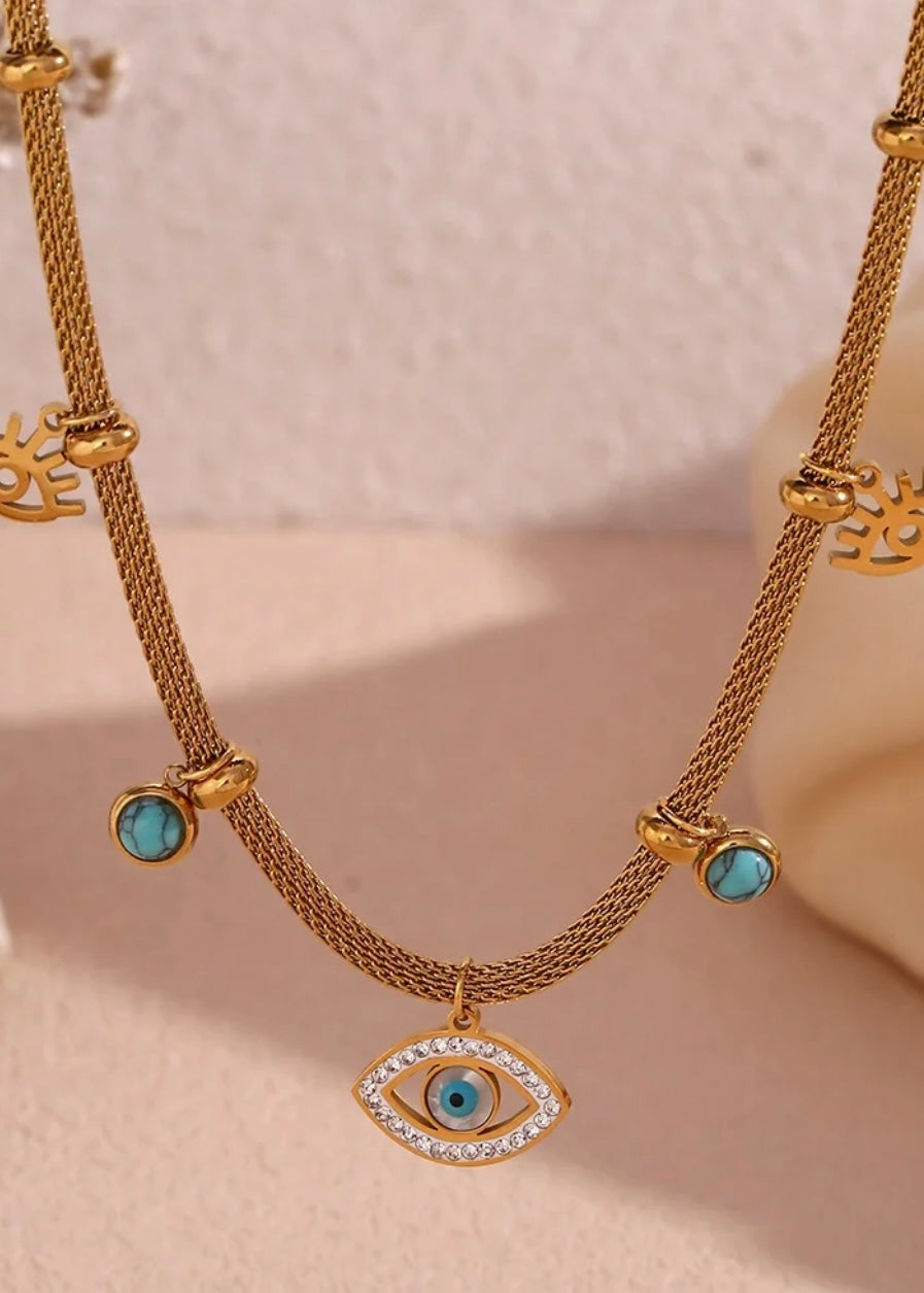 18k Gold Plated Evil Eye and Turquoise Charm Choker Necklace