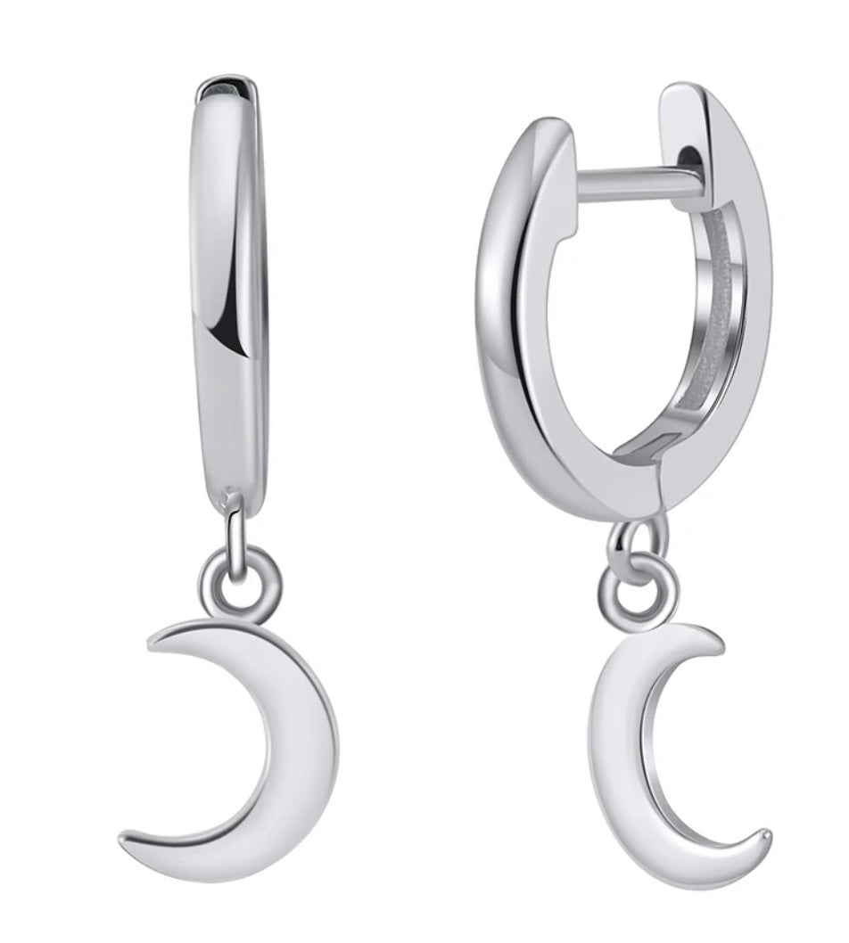 Rhodium Plated 925 Silver, Crescent Moon Earring