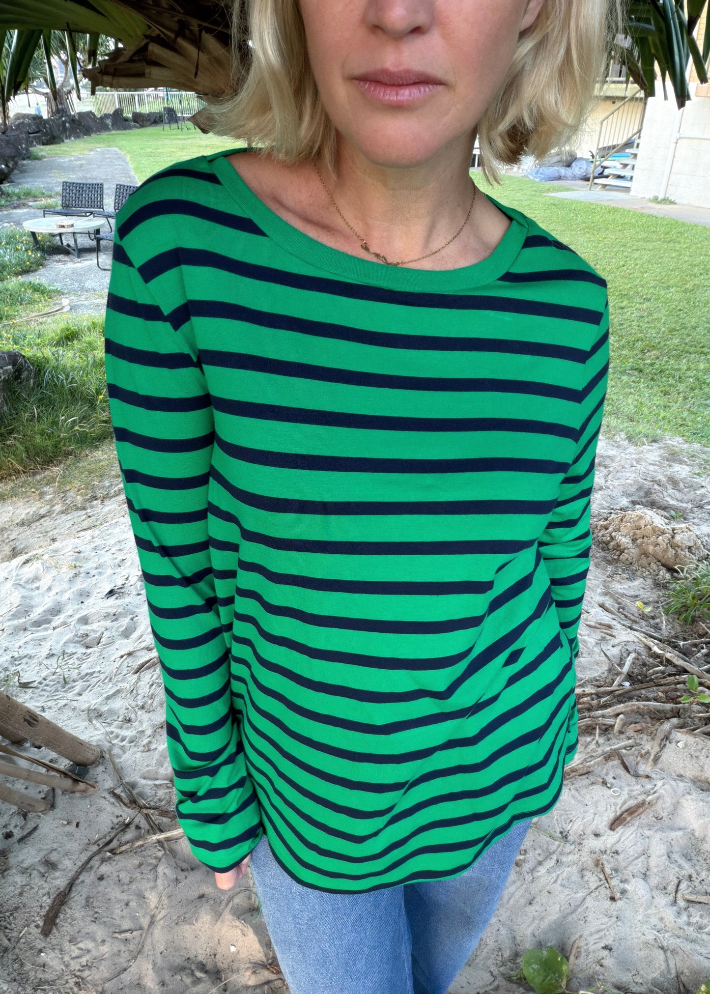 Striped Long Sleeve Tee | Green Navy
