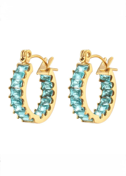 Blue Baguette Gold Hoop Earring