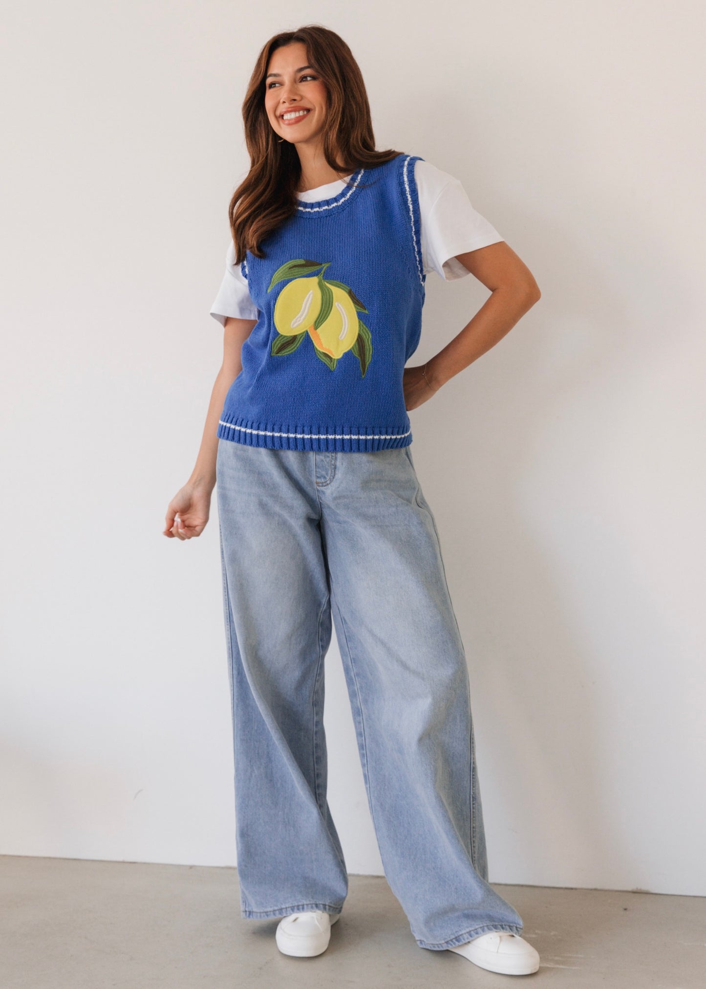 Lemons Embroidered Top | Blue