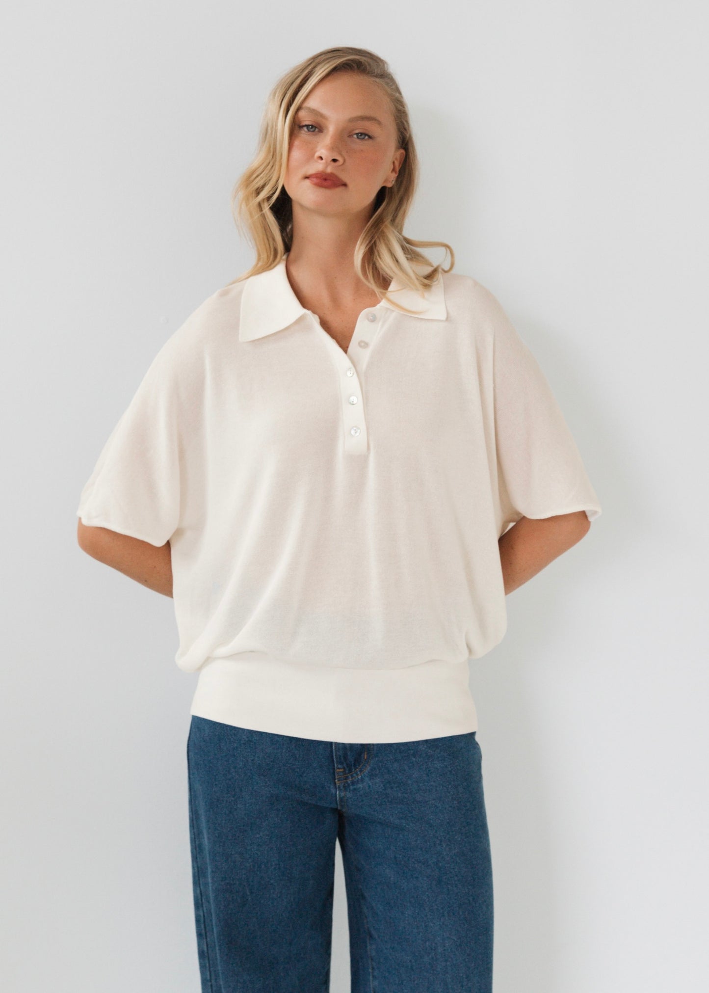 Oversized Sheer Knit Polo Top | Cream