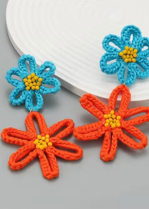 Hand Woven Flower Earring | Blue/Orange
