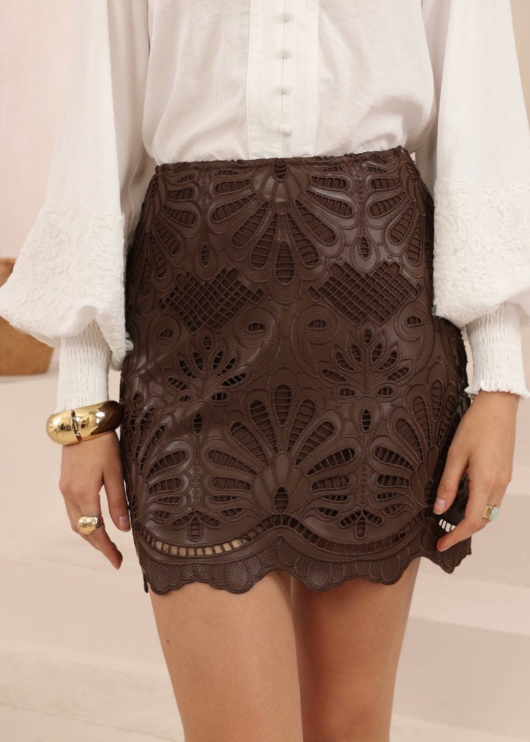 Cut Out Skirt | Brown Faux Leather