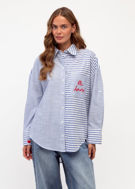Mi Amore Embroidered Shirt | Blue Stripe