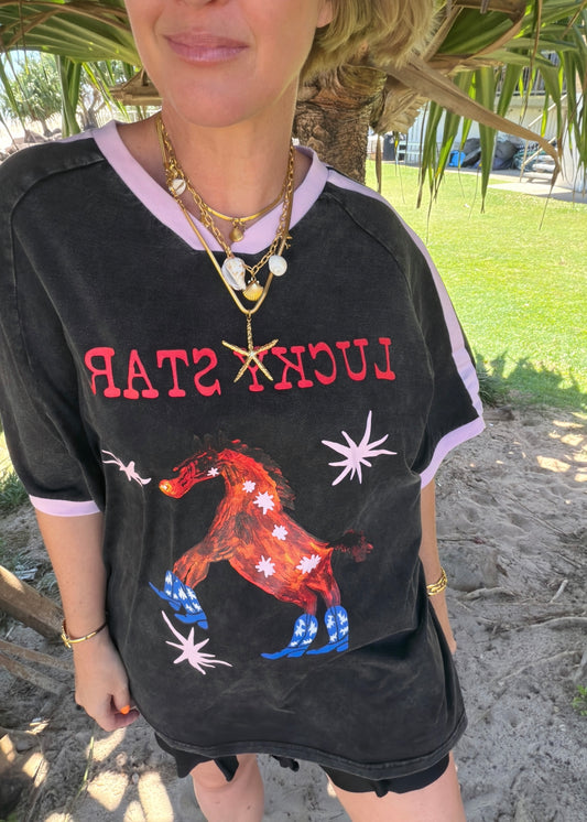 Lucky Star T-Shirt | Black Acid Wash