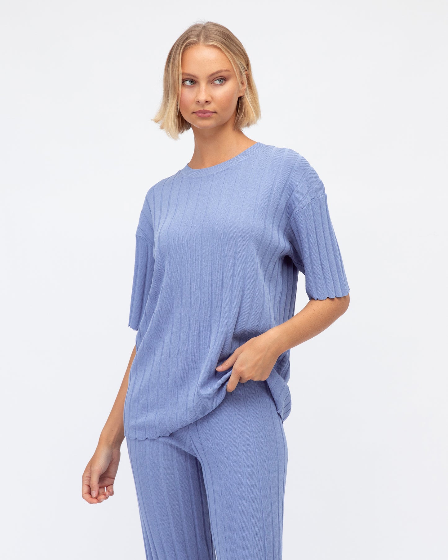 Powder Blue Wide Rib Knit Set Top