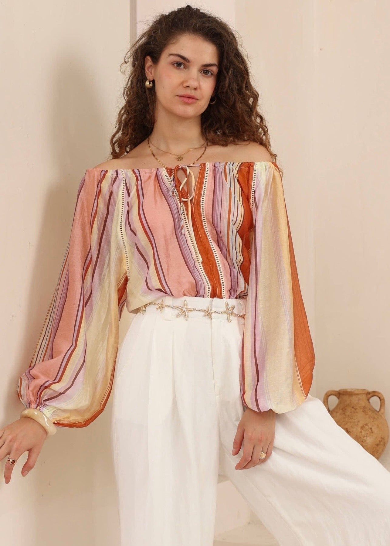 Retro Love Off shoulder Top | Multi Orange Stripe