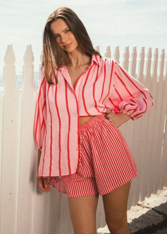 Crinkle Shirt | Pink/Red Stripe
