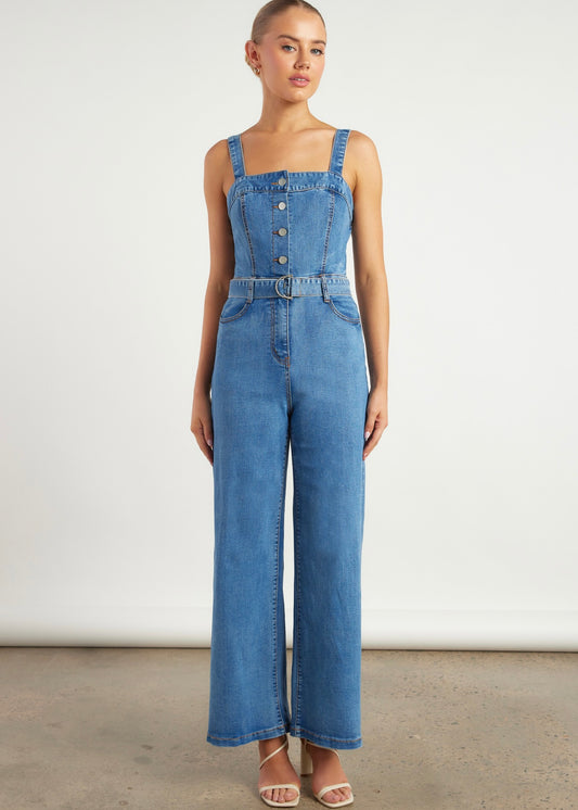 Button Up Denim Jumpsuit