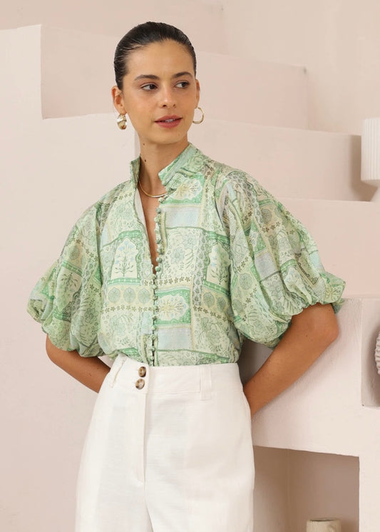 Shorts Sleeve Top | Green Print