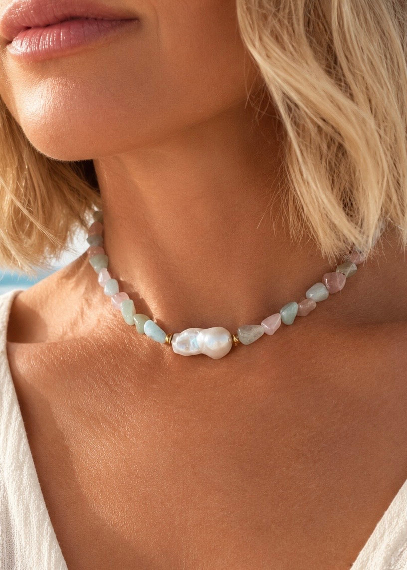 Valencia Pastel Necklace | Morganite & Freshwater Pearl 40cm