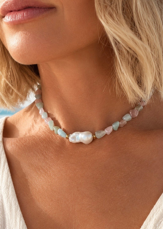 Valencia Pastel Necklace | Morganite & Freshwater Pearl 40cm