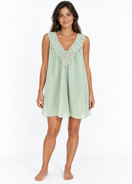 Crochet Lace V-Neck Swing Mini Dress | Sage