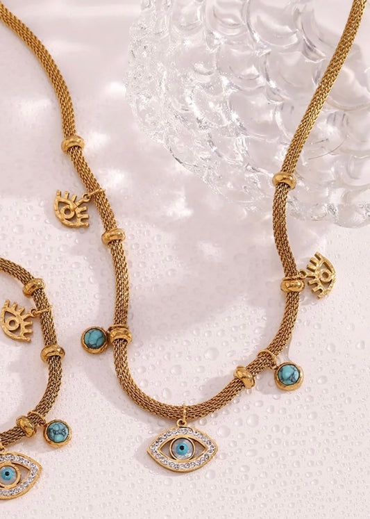 18k Gold Plated Evil Eye and Turquoise Charm Choker Necklace