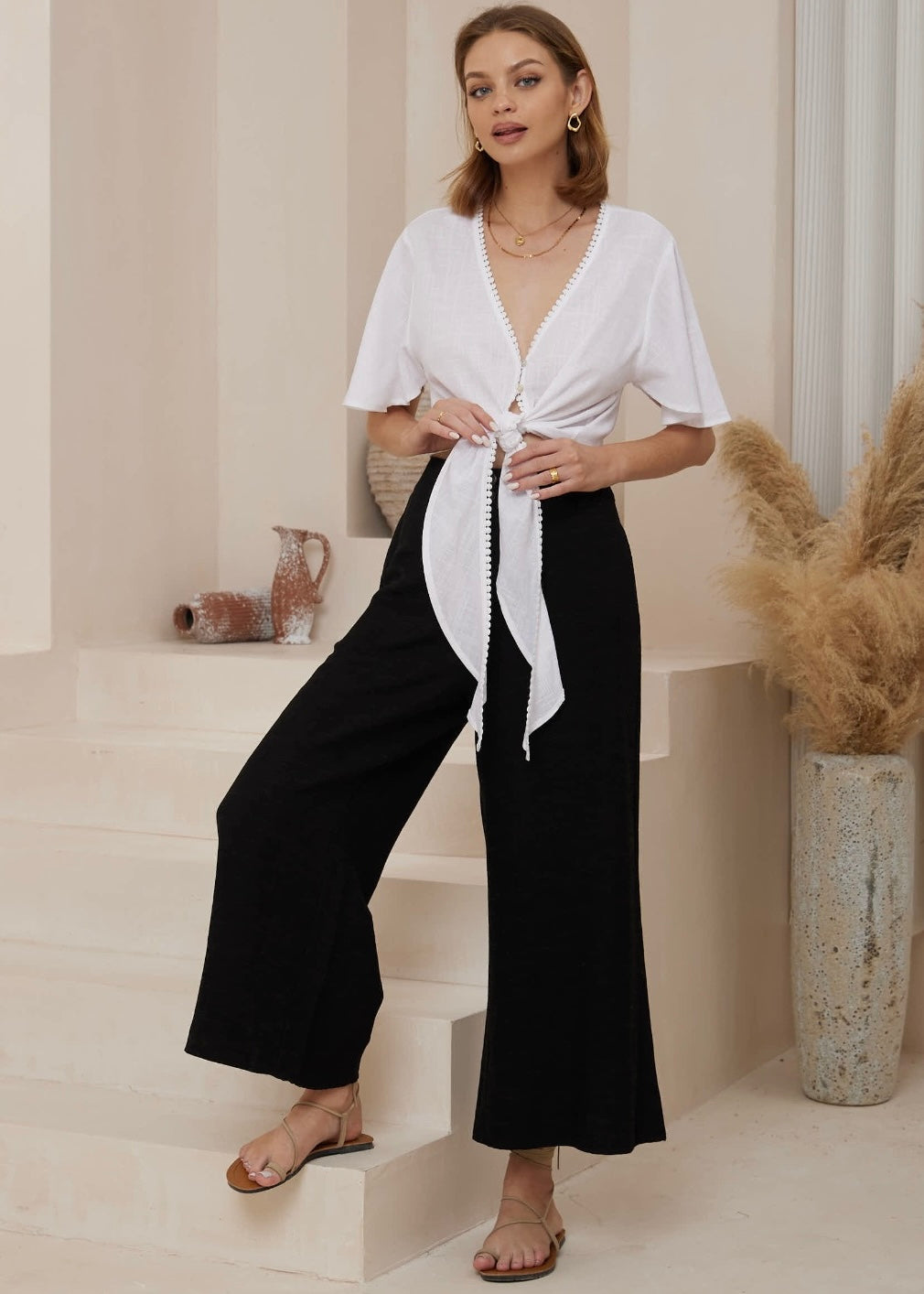 Tie Front Top | White