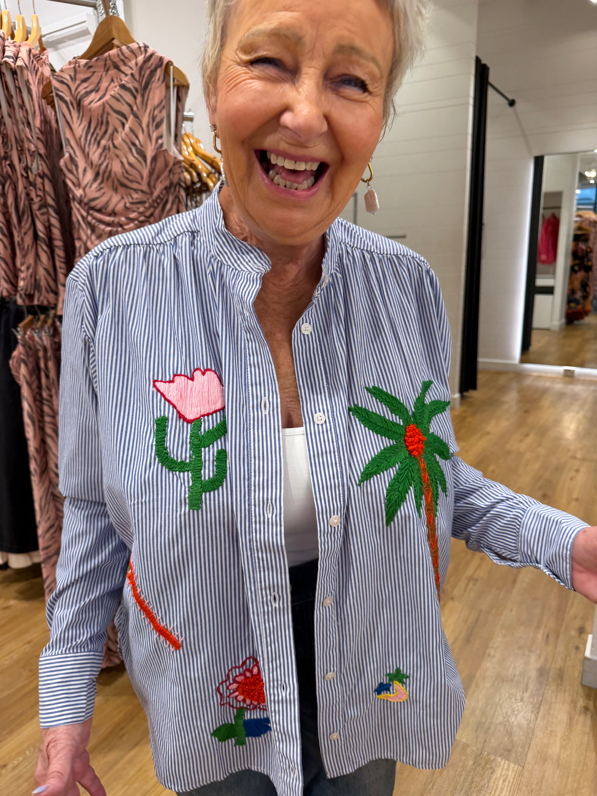 Rainbow Oasis Embroidered Shirt | Blue Green