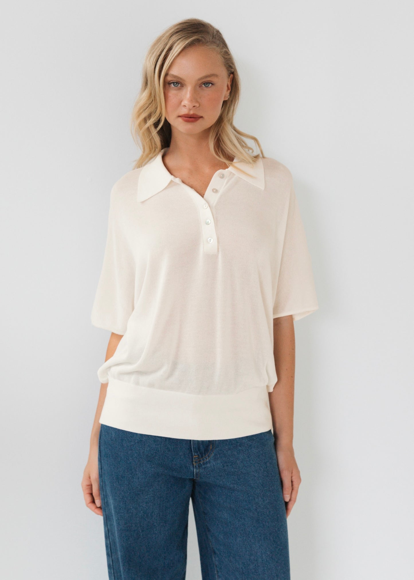 Oversized Sheer Knit Polo Top | Cream