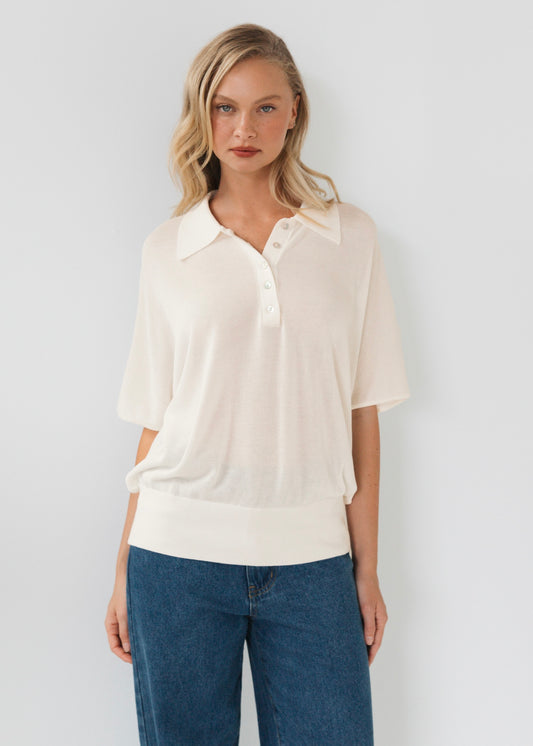 Oversized Sheer Knit Polo Top | Cream
